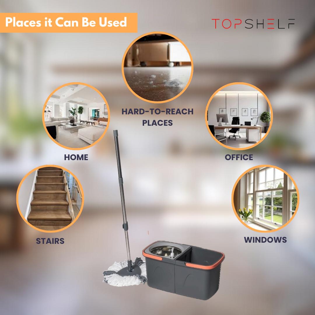 Dual-Compartment Spin Mop with 2 Extra Mop Heads, 360° Rotating Design, Foldable Bucket, Built-in Cleaner Bottle Holder, Durable Microfiber wonder  mop